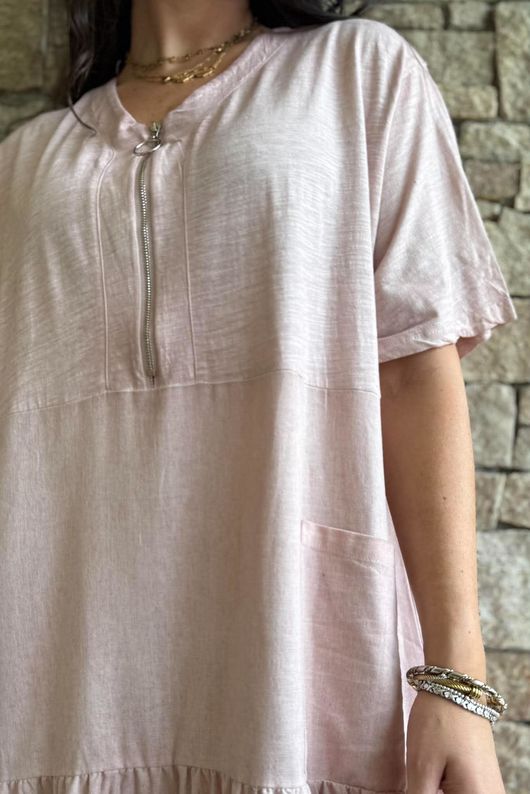 Rustic Nature Linen Blend Smock T Shirt Dress Washed Ballet Blush
